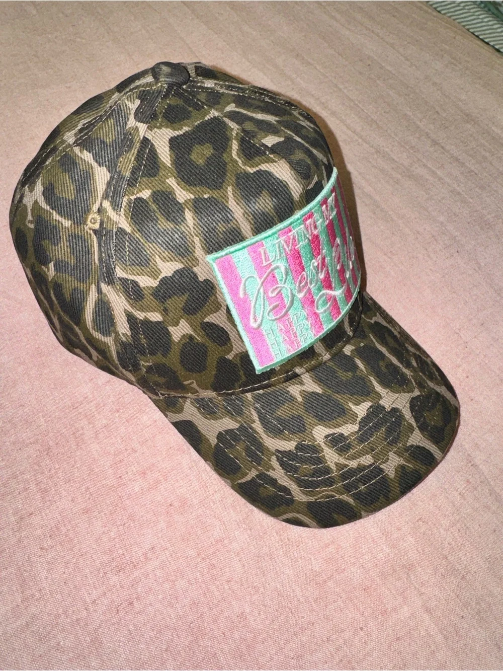 Leopard Print Baseball Cap with Pink & Green Patch - 'Best Life'